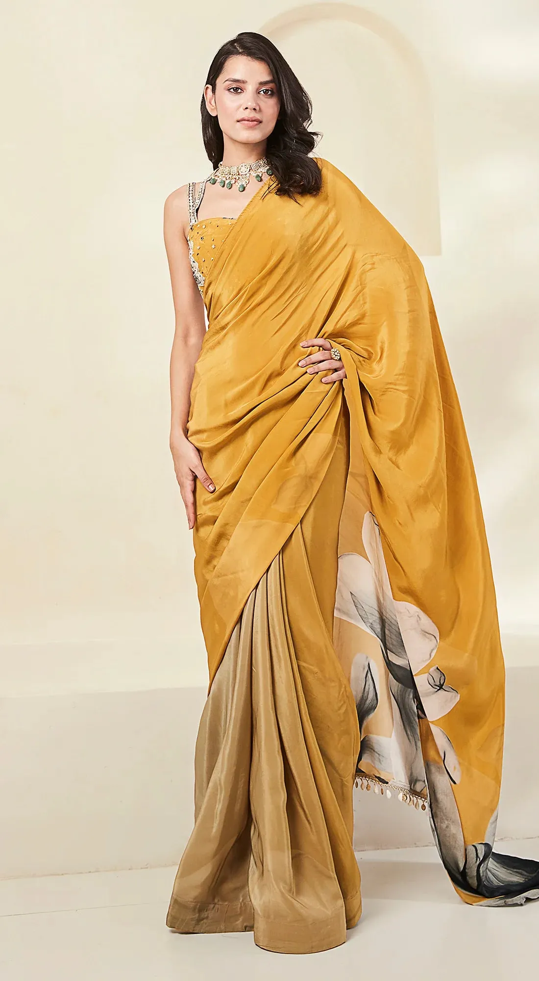 91A369 Mustard and Beige Printed Designer Saree with Blouse