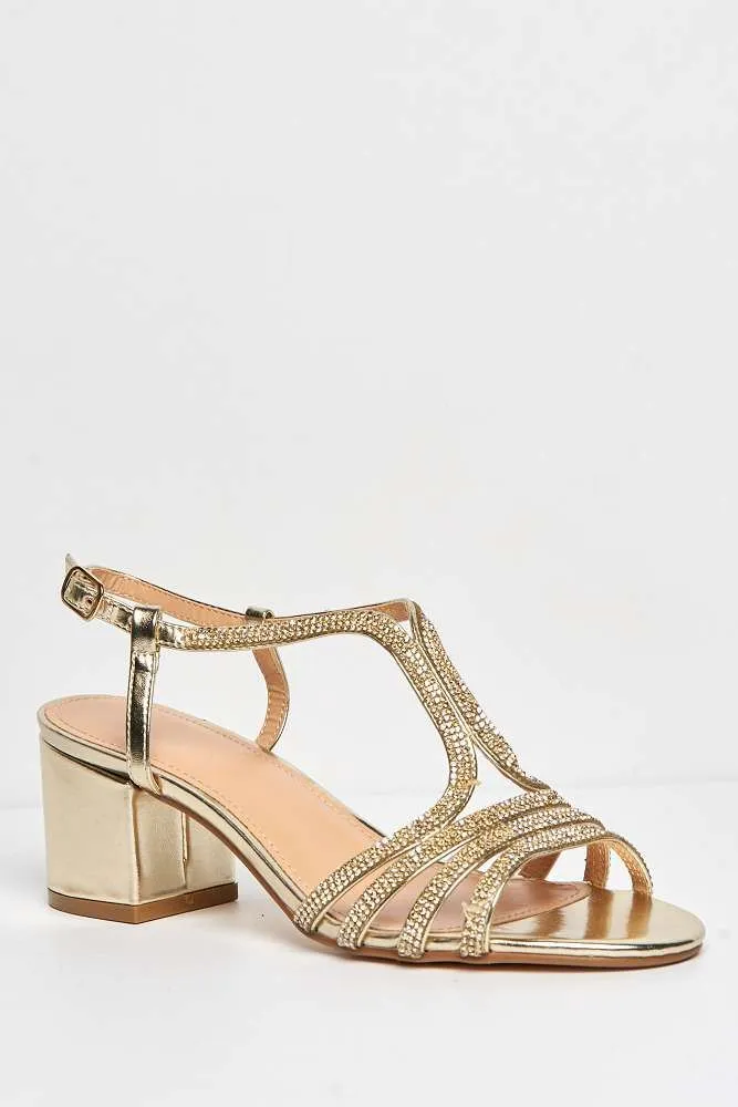 Amanda 3 Diamante Strap T-bar Block Heel Sandal in Gold