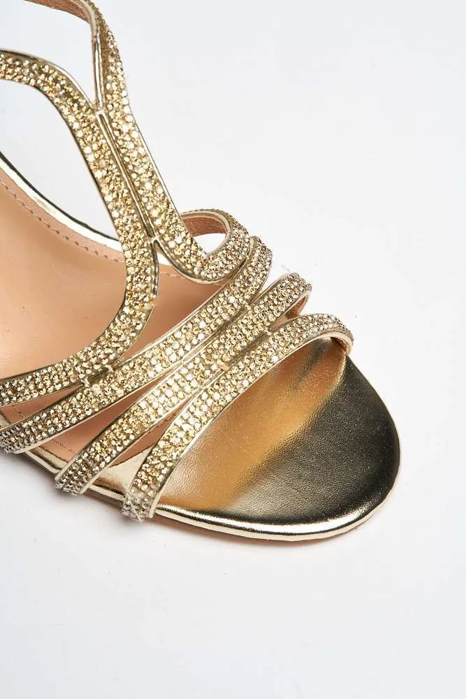 Amanda 3 Diamante Strap T-bar Block Heel Sandal in Gold