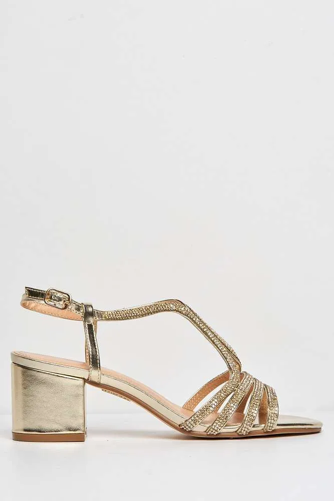 Amanda 3 Diamante Strap T-bar Block Heel Sandal in Gold