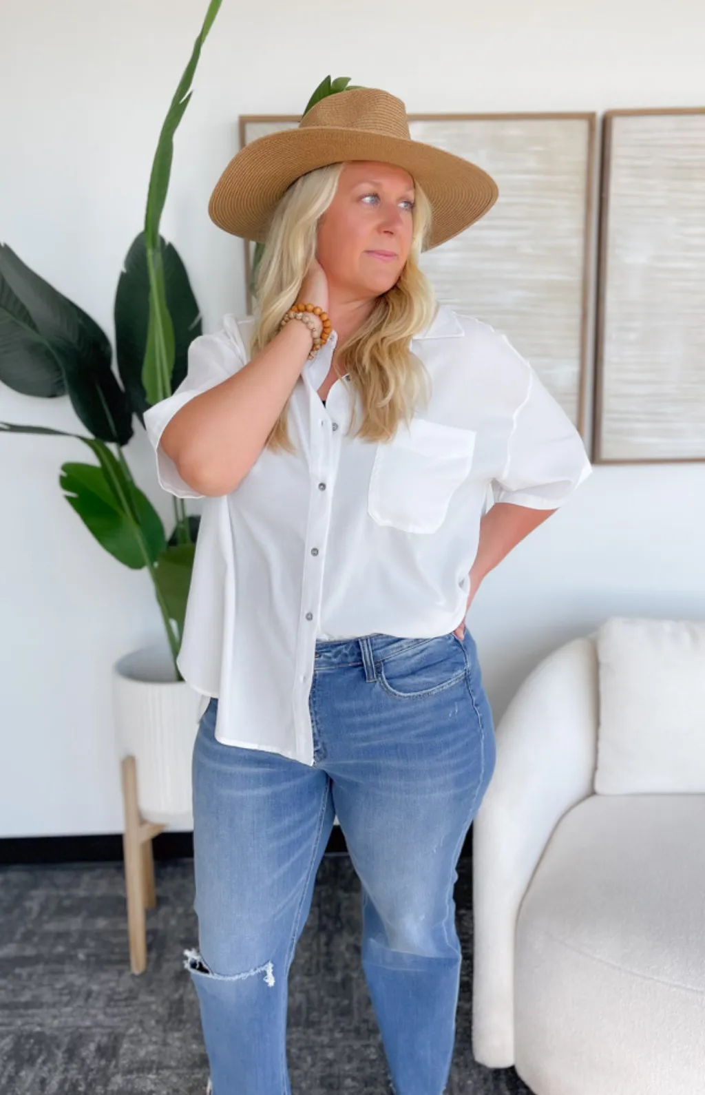 Annie Button Front White Shirt-Curvy