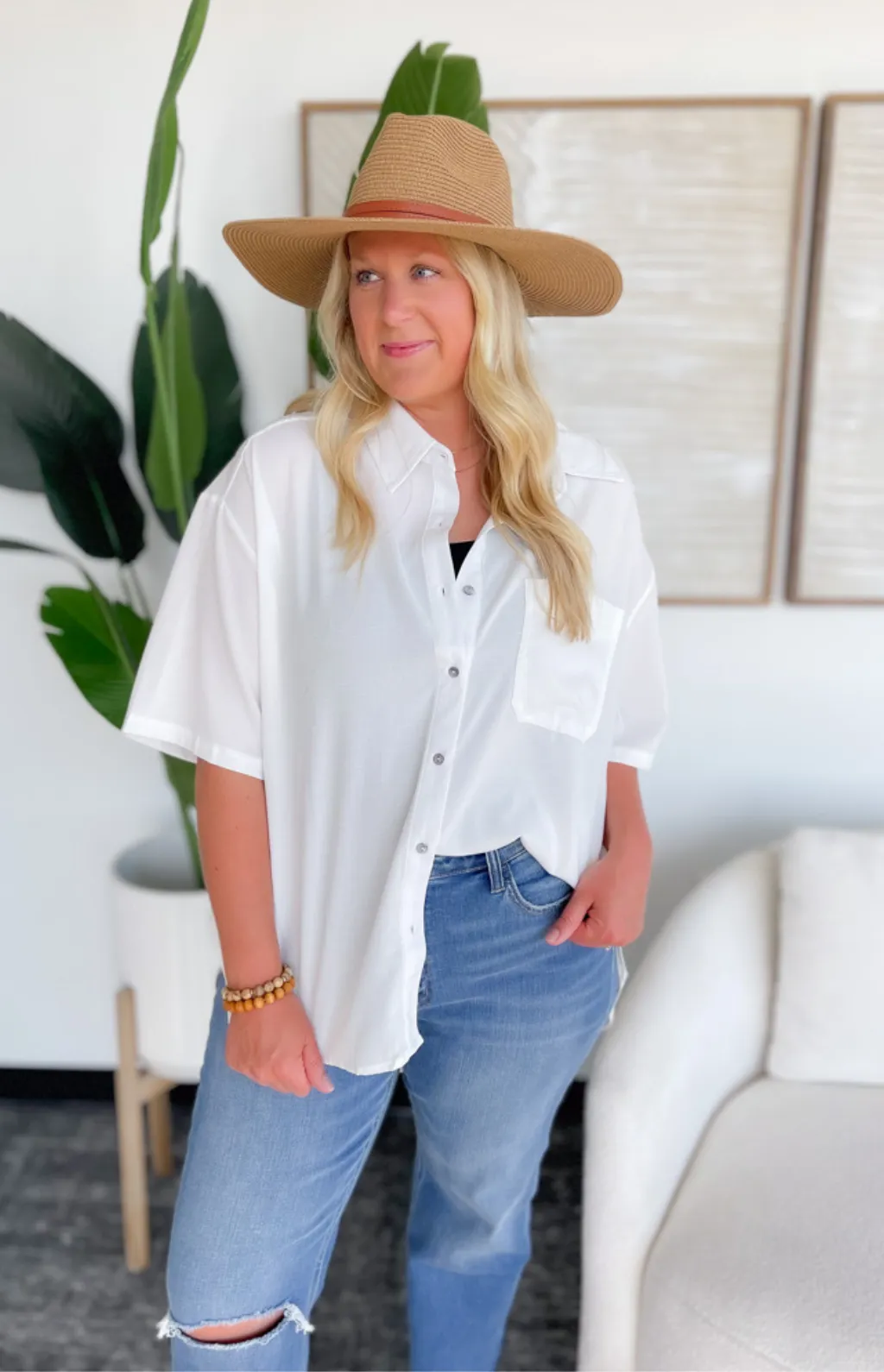 Annie Button Front White Shirt-Curvy