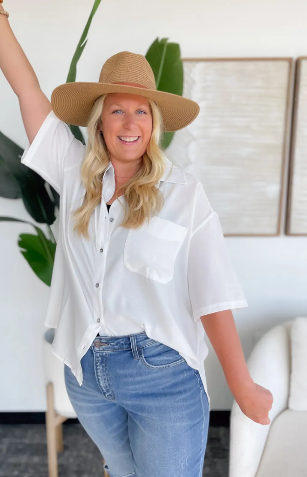 Annie Button Front White Shirt-Curvy