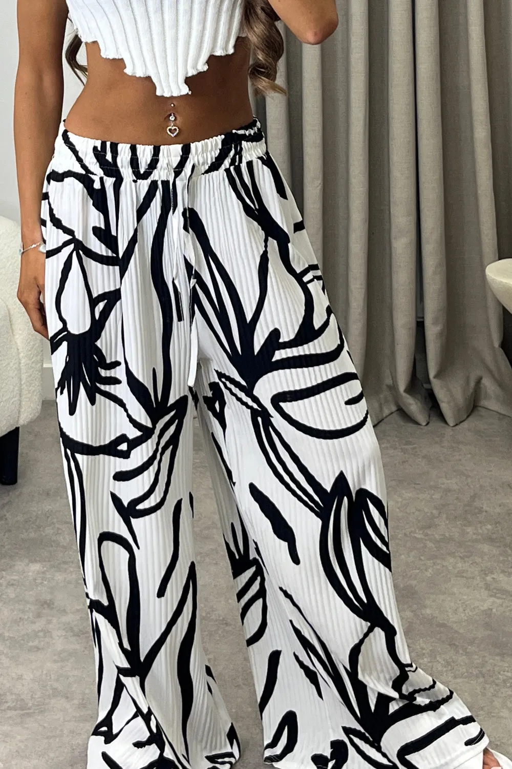 Aubrey White Tropical Print Plisse High Waisted Wide Leg Trousers