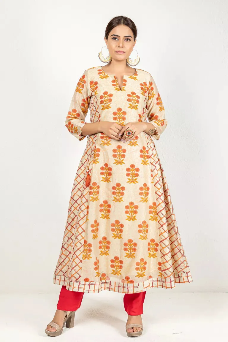 Beige & Rust Chanderi Kurta