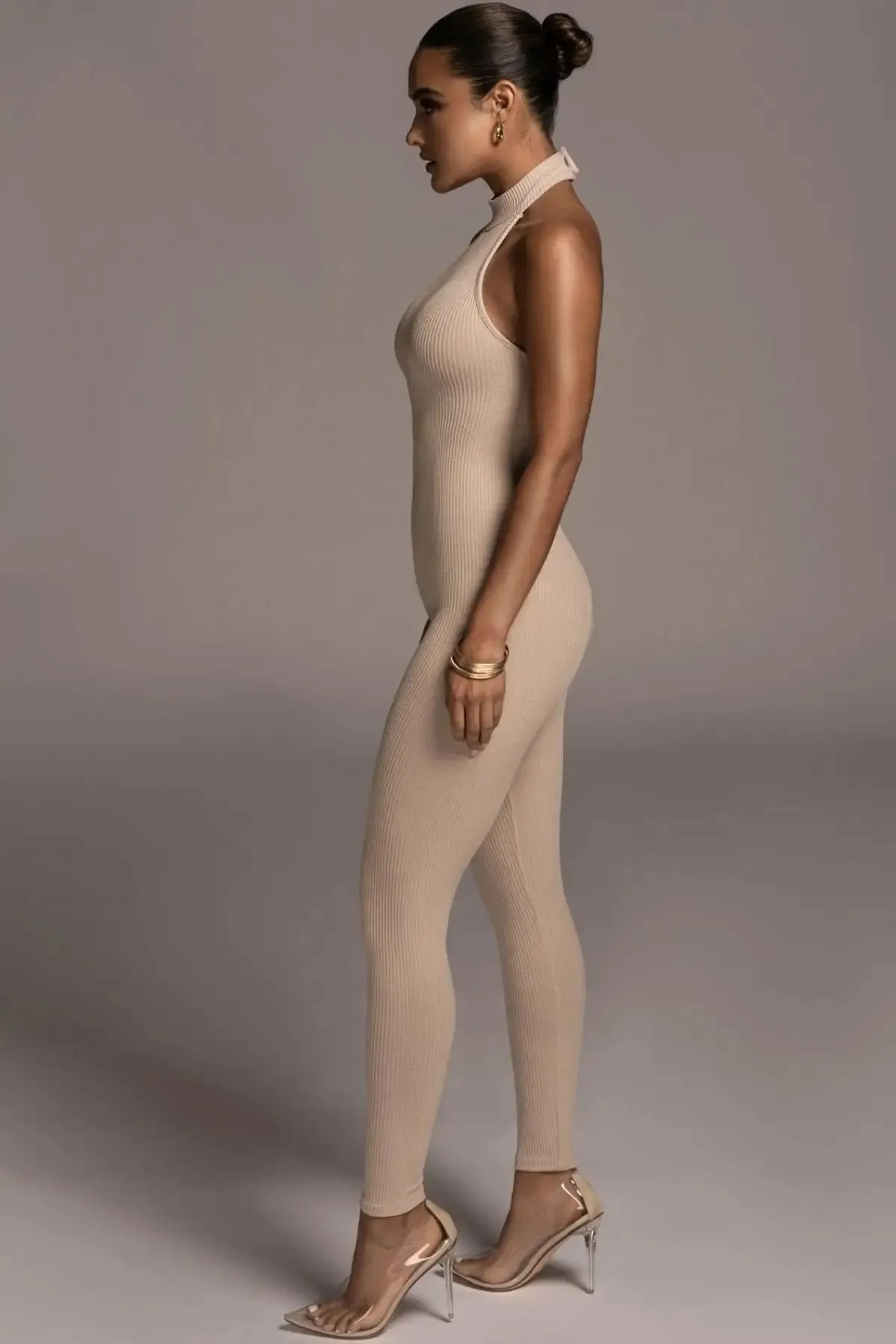 Beige Backless Halter Jumpsuit