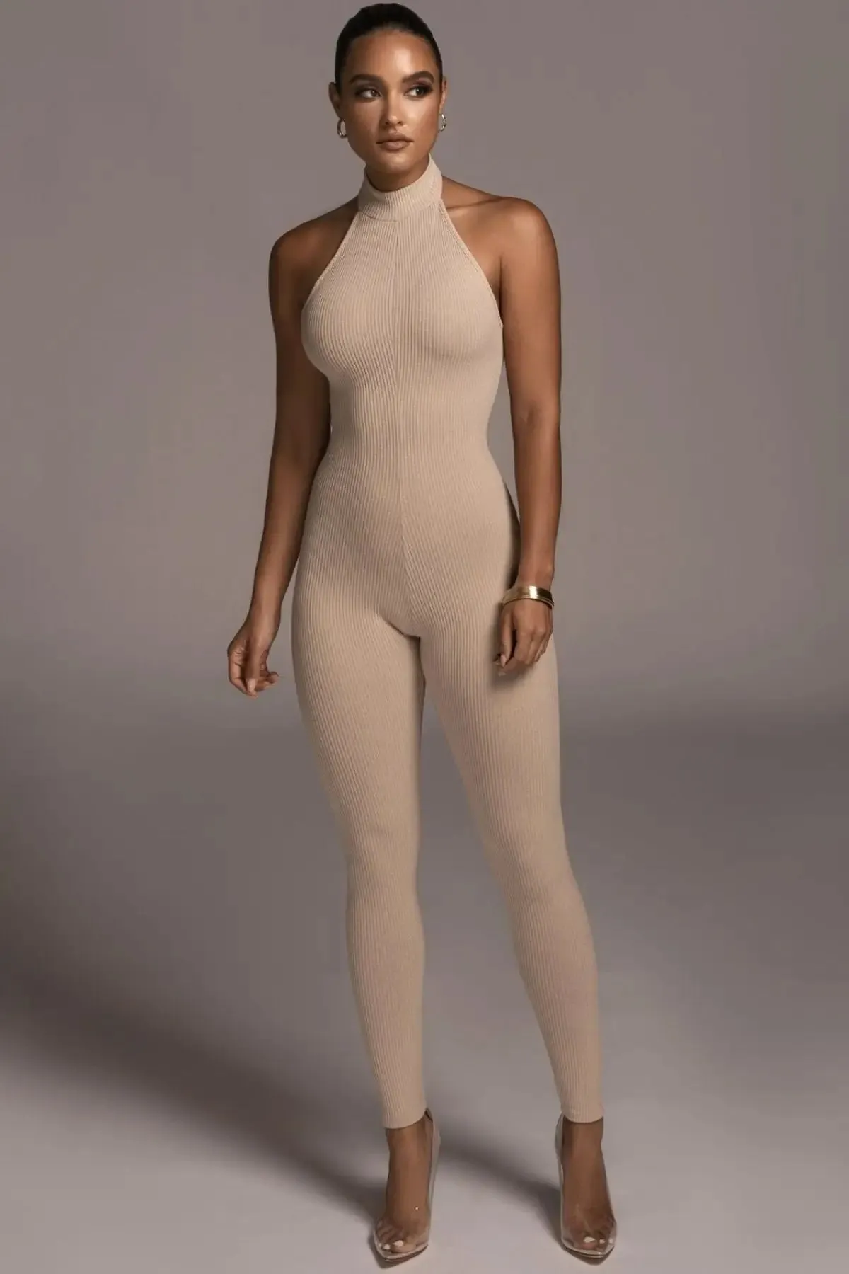 Beige Backless Halter Jumpsuit