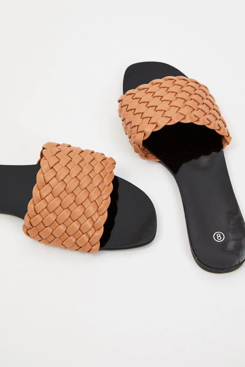 Beige Woven Flat Slides