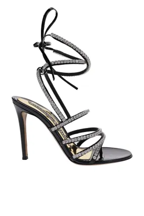 Black Crystal Ankle Wrap Heel Sandals