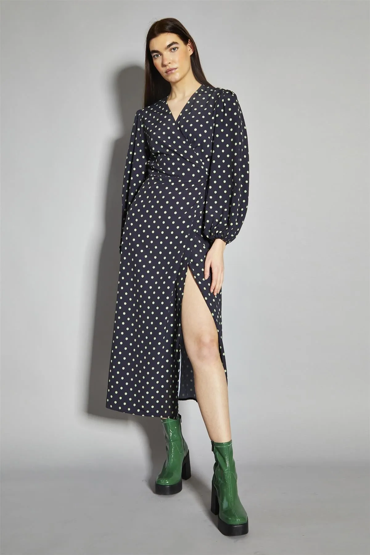 Black-Green Geo-Daisy Wrap Maxi-Dress