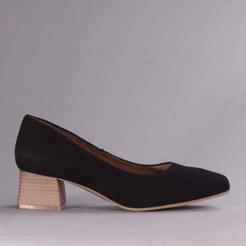 Block Heel Court Shoe in Black Suede - 12476