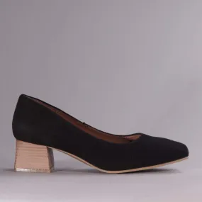 Block Heel Court Shoe in Black Suede - 12476