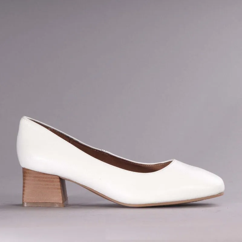 Block Heel Court Shoe in White - 12476