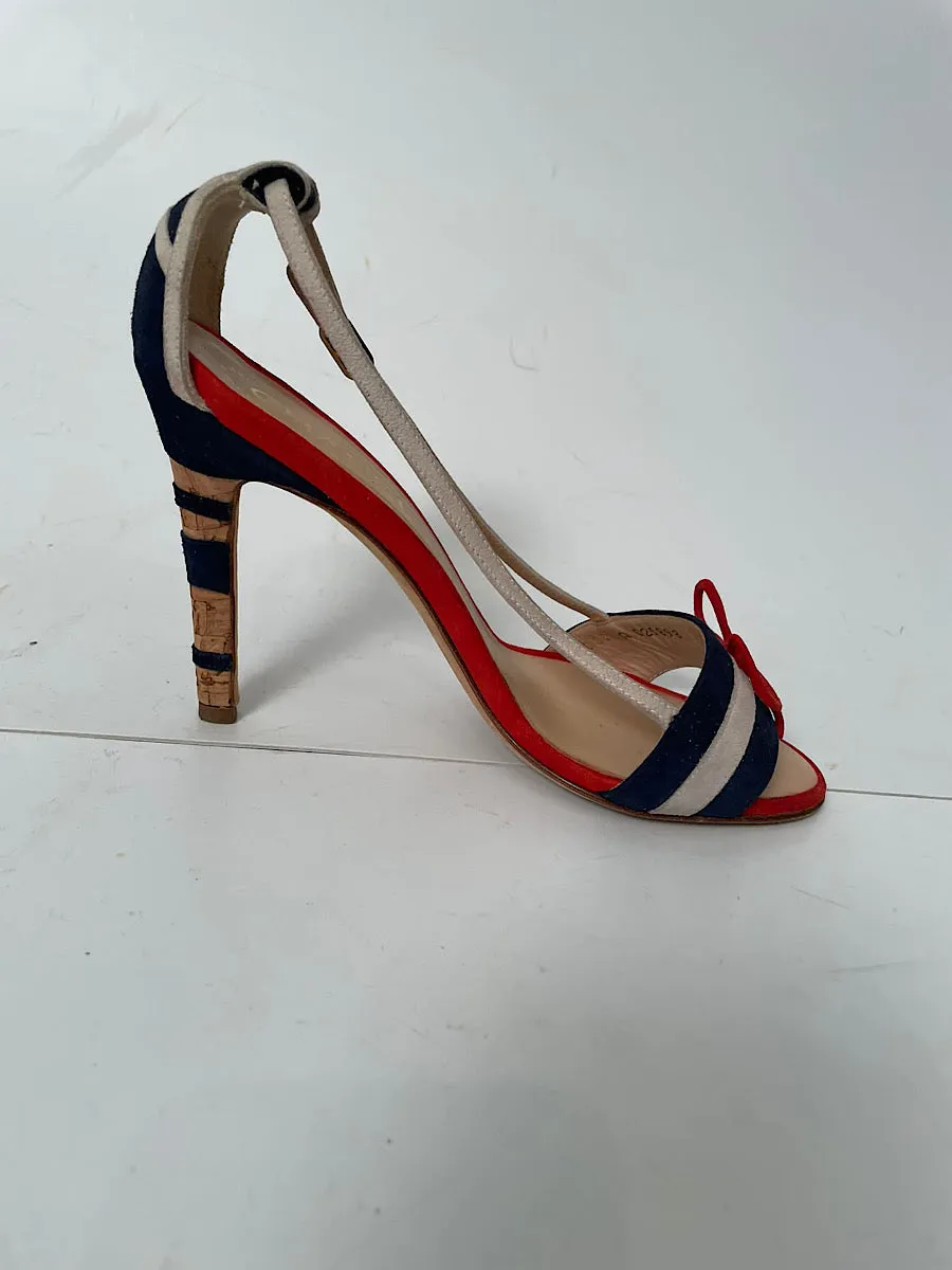 Chanel 08C, 2008 Cruise suede red white blue cork sandal strap Heels EU 37 US 6.5/7