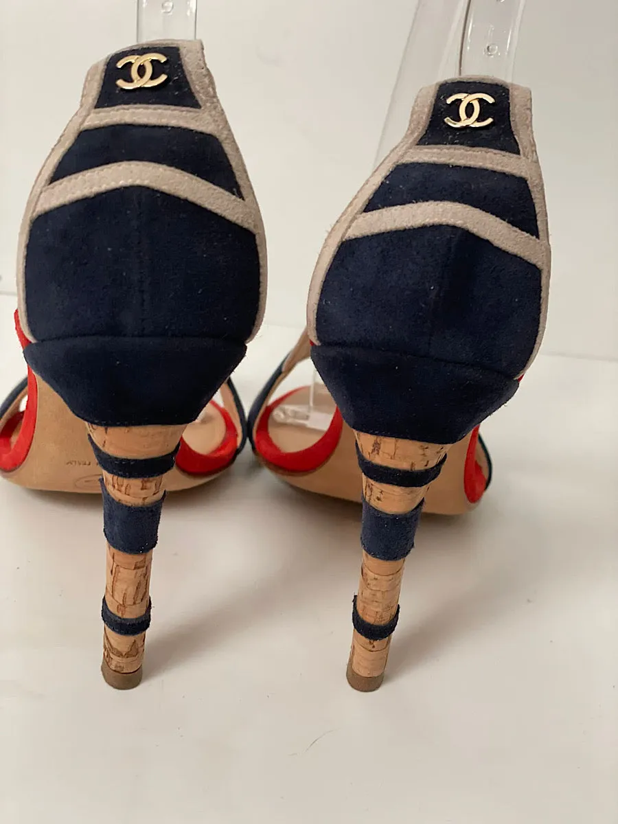 Chanel 08C, 2008 Cruise suede red white blue cork sandal strap Heels EU 37 US 6.5/7