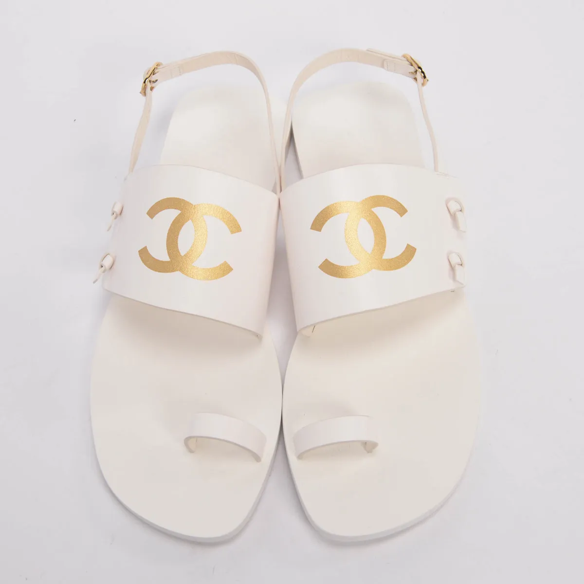 Chanel White & Gold Leather CC Strap Sandals 40