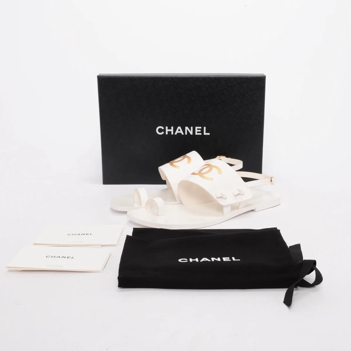 Chanel White & Gold Leather CC Strap Sandals 40