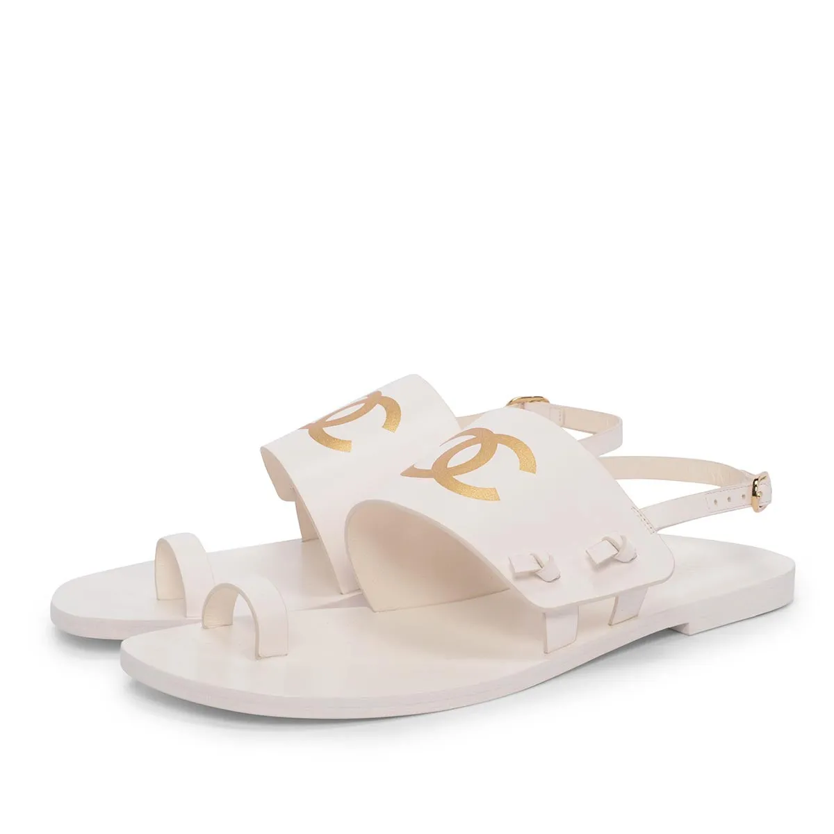 Chanel White & Gold Leather CC Strap Sandals 40