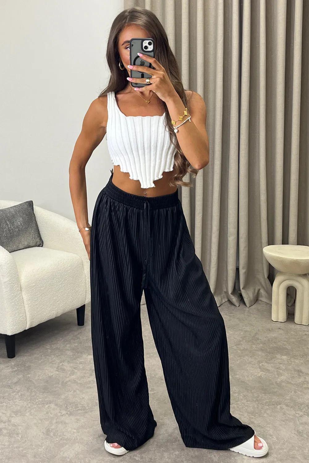 Chrissy Black Plisse High Waisted Wide Leg Satin Trousers