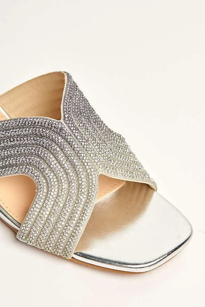 Cordelia 5 Diamante Single Band Block Heel Mule in Silver