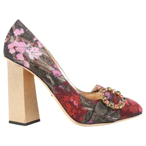 Dolce and Gabbana Red and Pink Floral Canvas Block Heel Jackie Pumps - 39.5