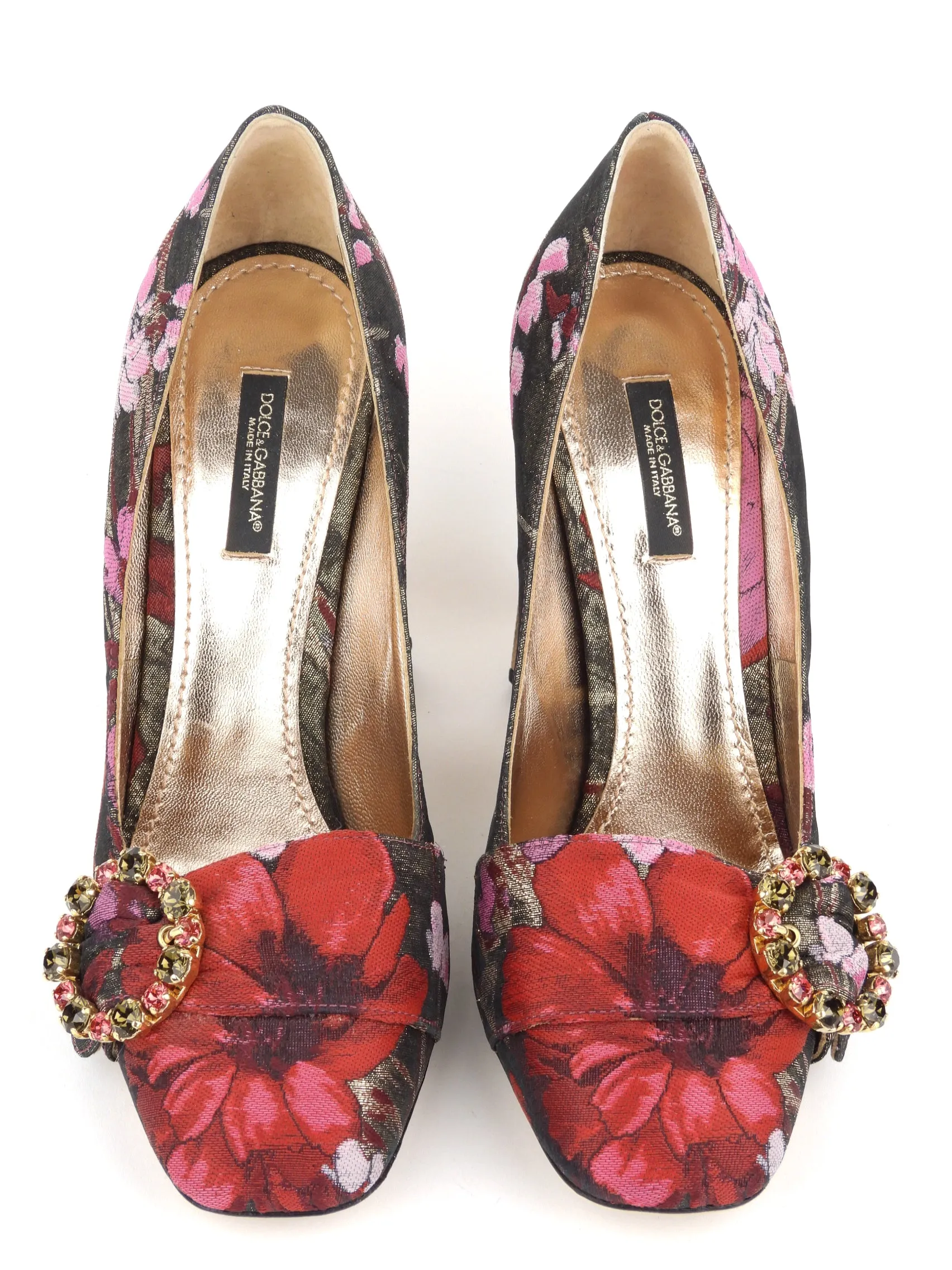 Dolce and Gabbana Red and Pink Floral Canvas Block Heel Jackie Pumps - 39.5