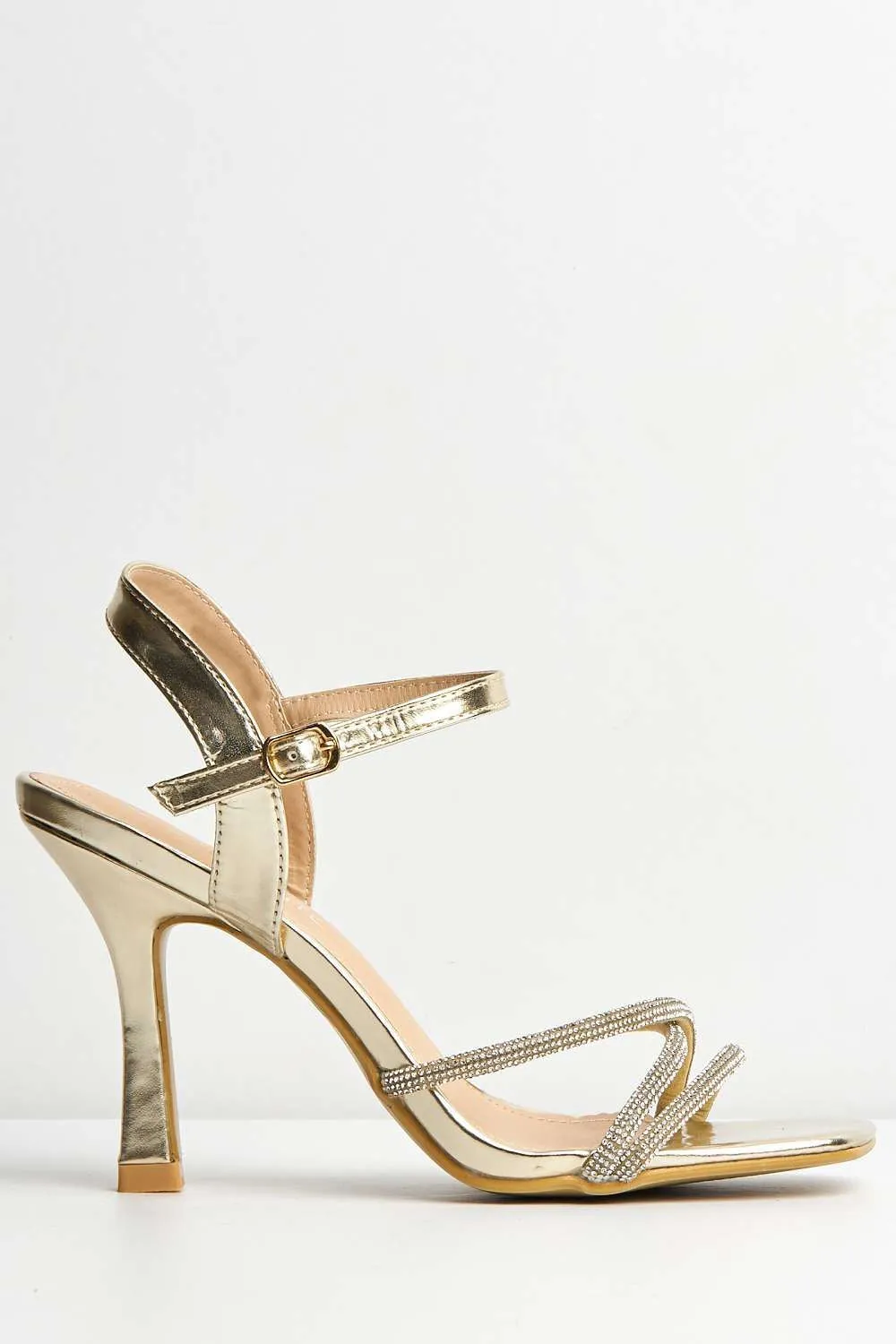 Donnie Diamante Embellished Ankle Strap Heeled Sandals in Gold