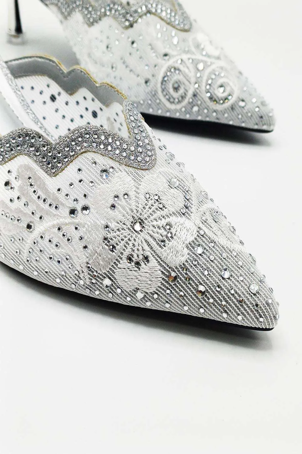 Elia Flower & Diamante Pointed Slip On Mules in Silver