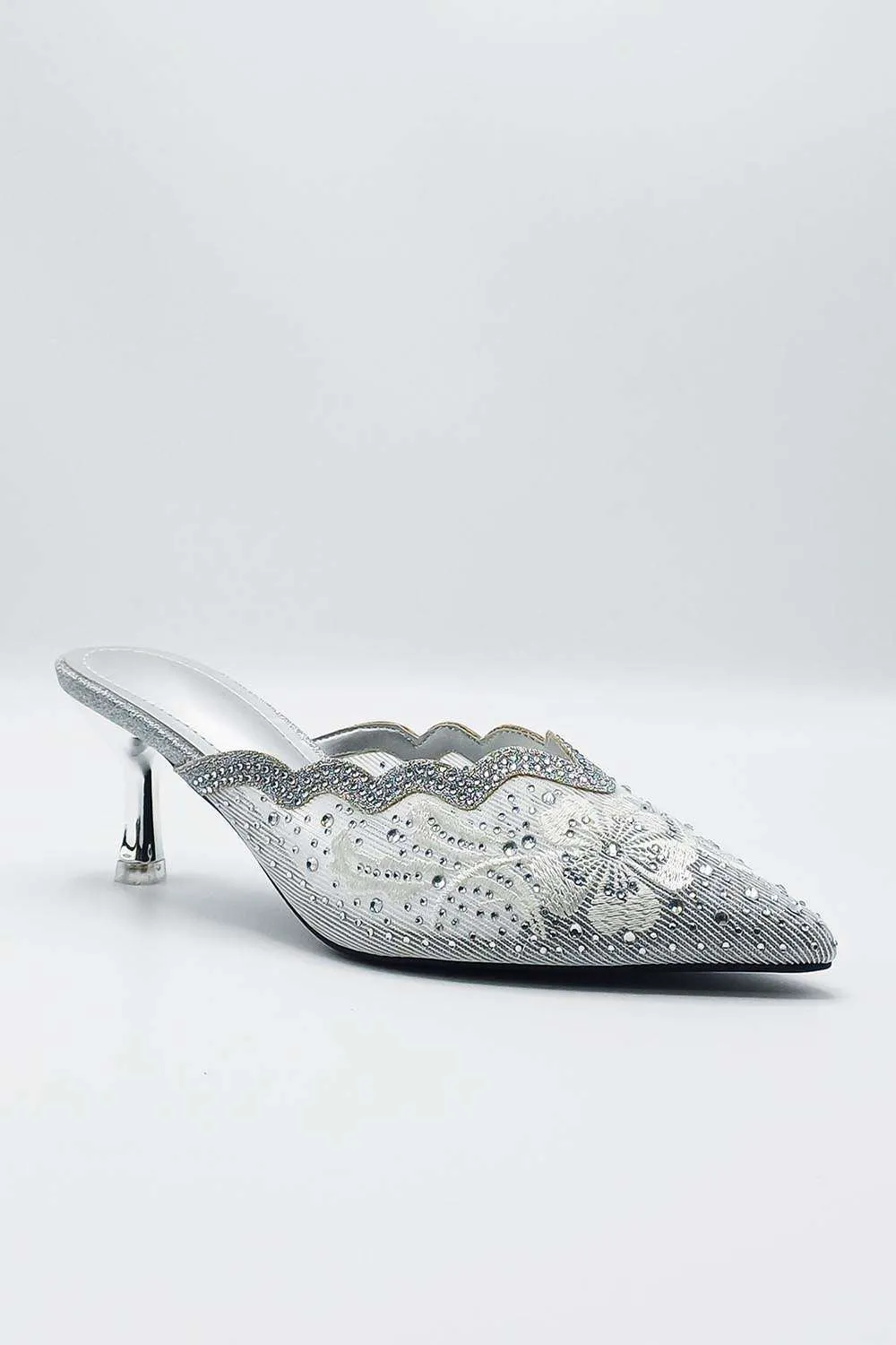 Elia Flower & Diamante Pointed Slip On Mules in Silver