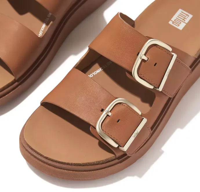 FitFlop Buckle Two-Bar Leather Slides | Light Tan