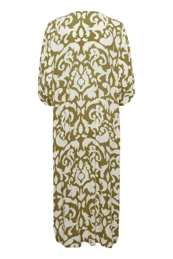 Fransa Relaxed Printed Dress Moss Green Ivory