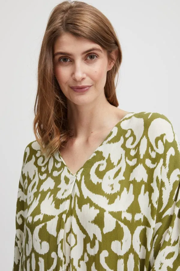 Fransa Relaxed Printed Dress Moss Green Ivory