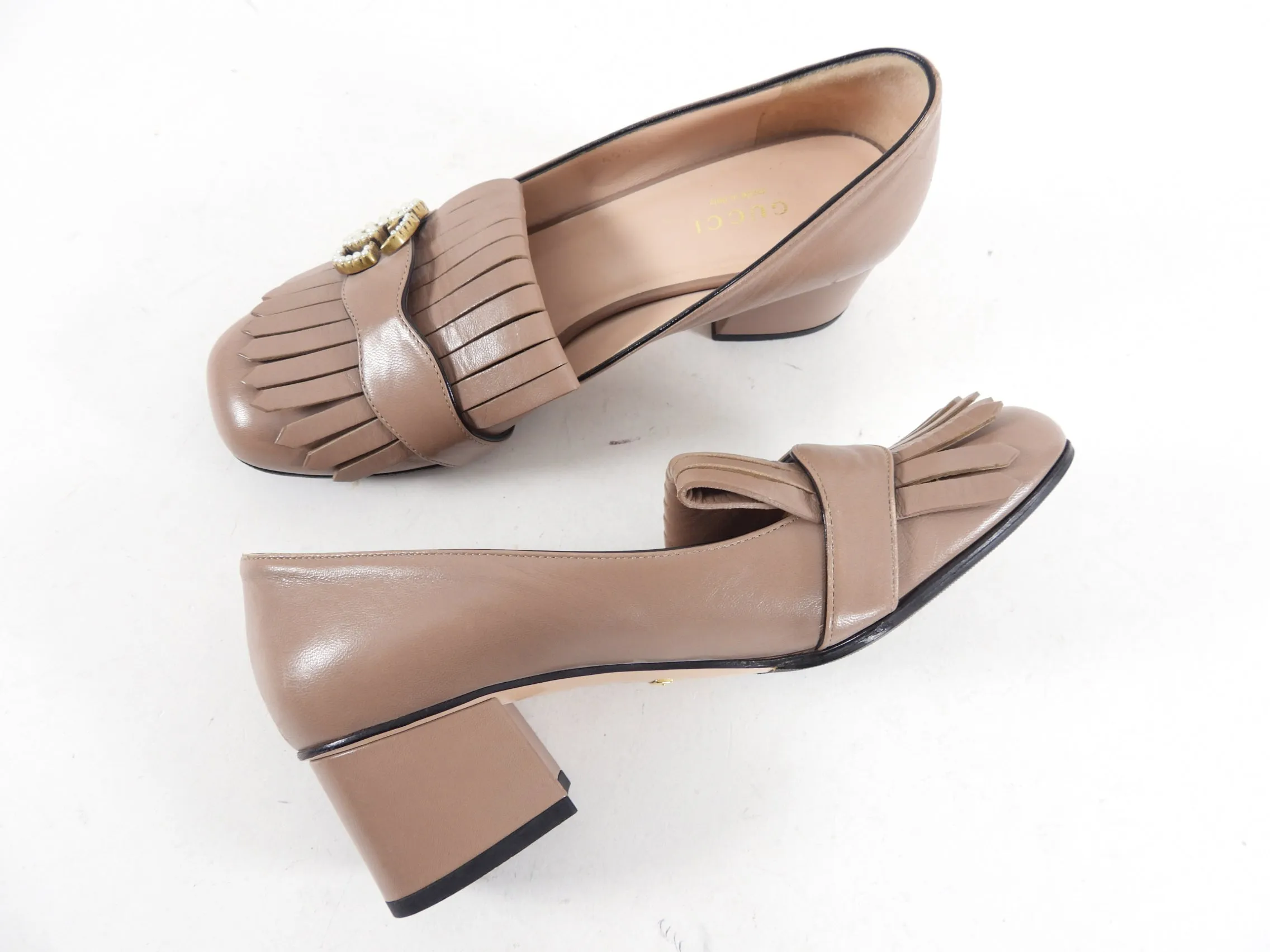 Gucci Taupe Leather Marmont Faux Pearl Block Heel Pumps - 37