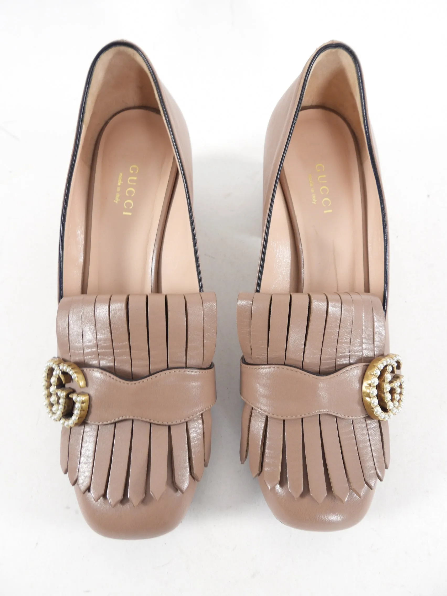 Gucci Taupe Leather Marmont Faux Pearl Block Heel Pumps - 37