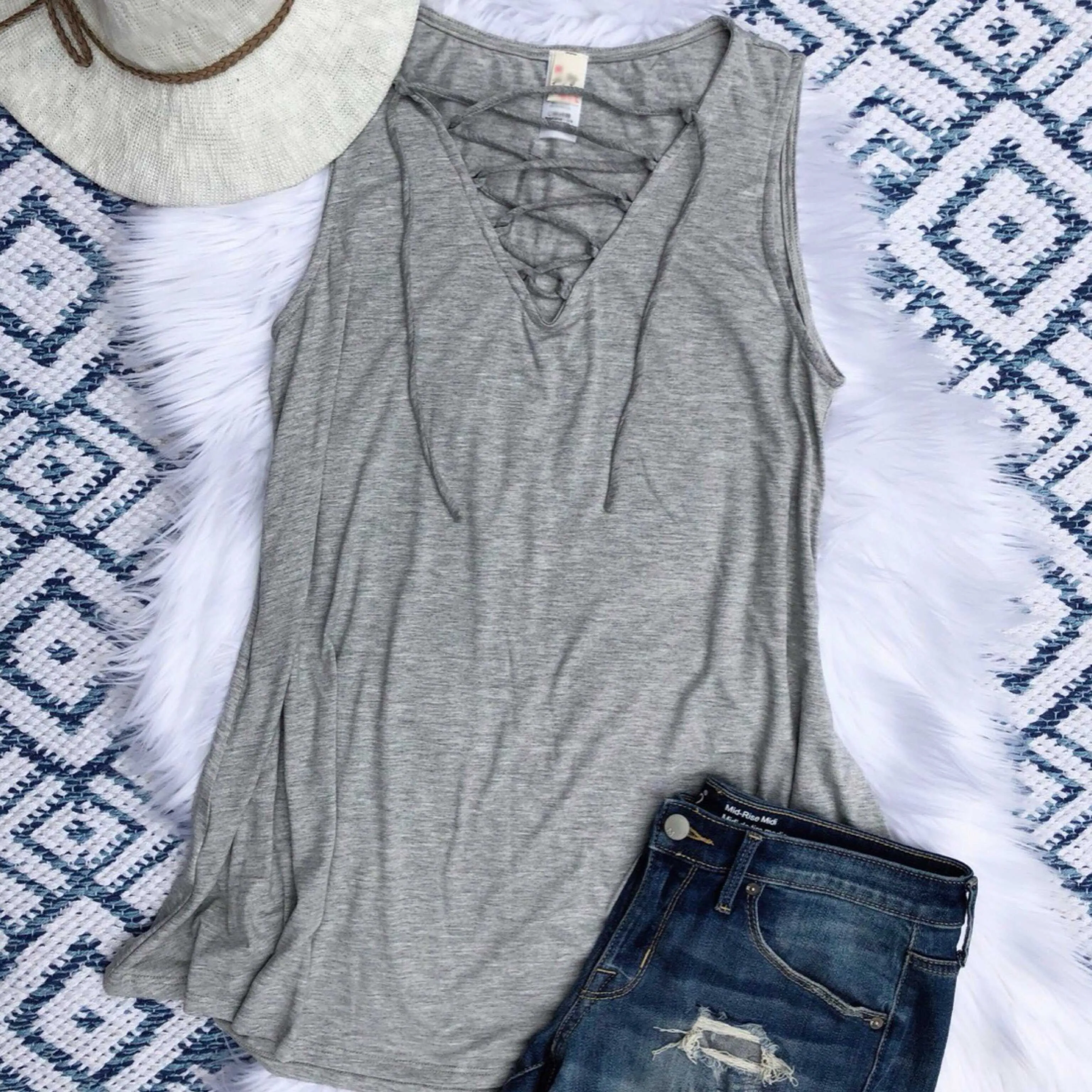 It's About Comfort Solid Lace Up Tank Top