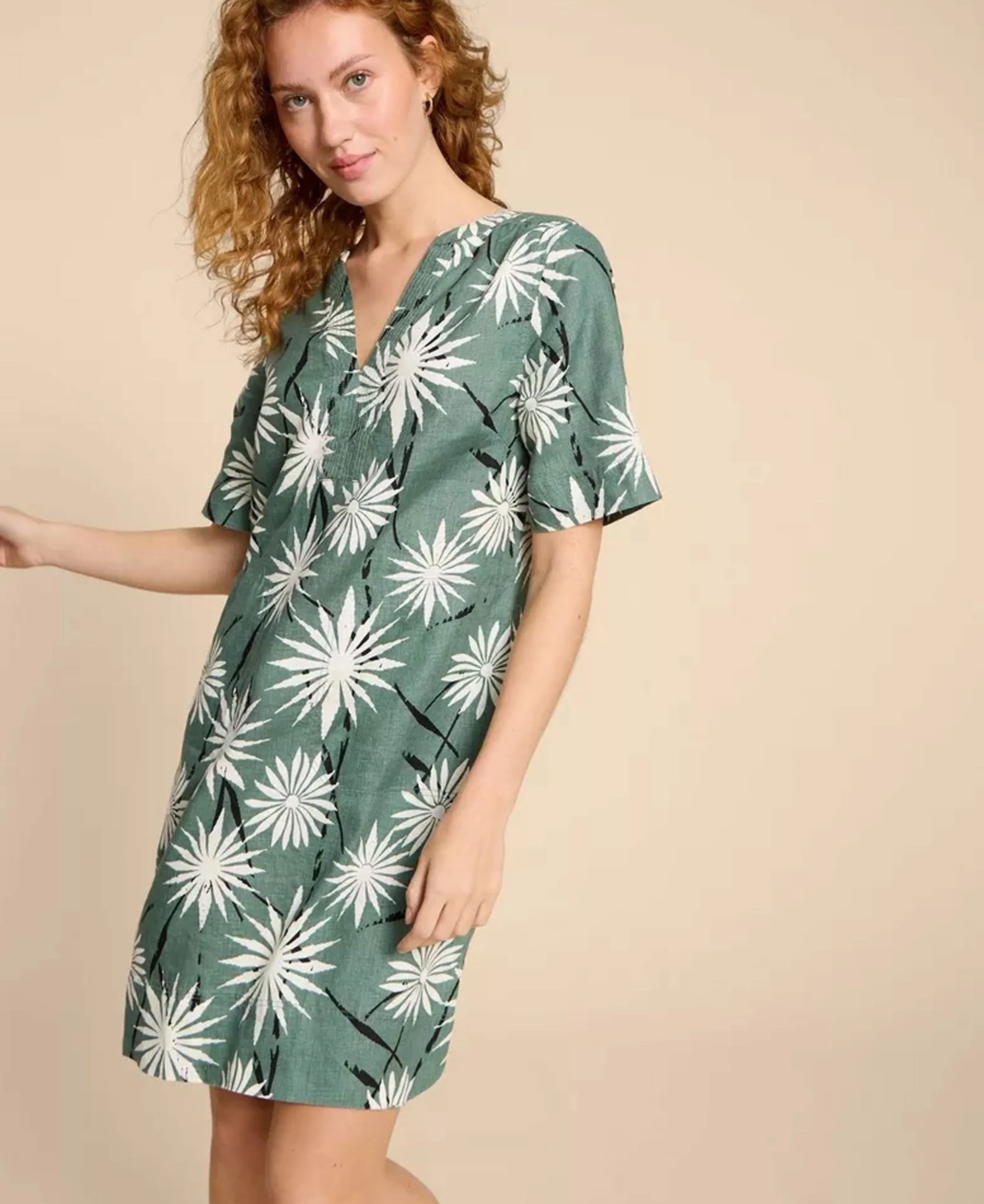 June Linen Shift Dress - Green Print