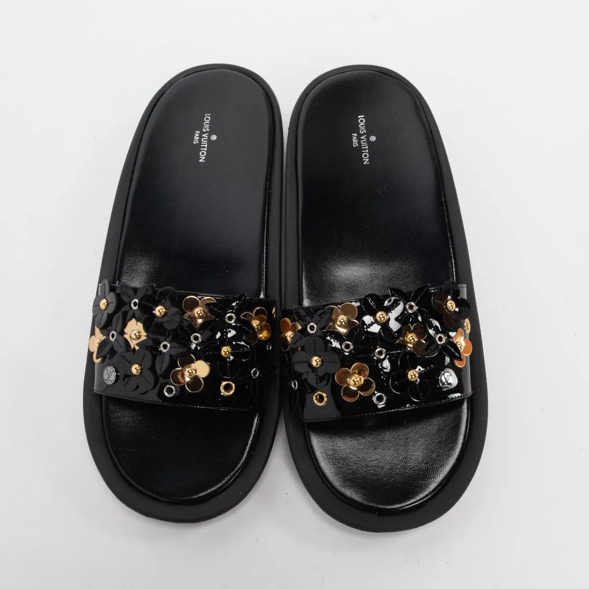 Louis Vuitton Black Patent Sunbath Flower Slides 40