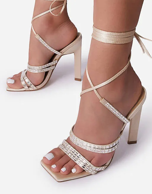 Nude Crystal Lace Up Heel Sandals