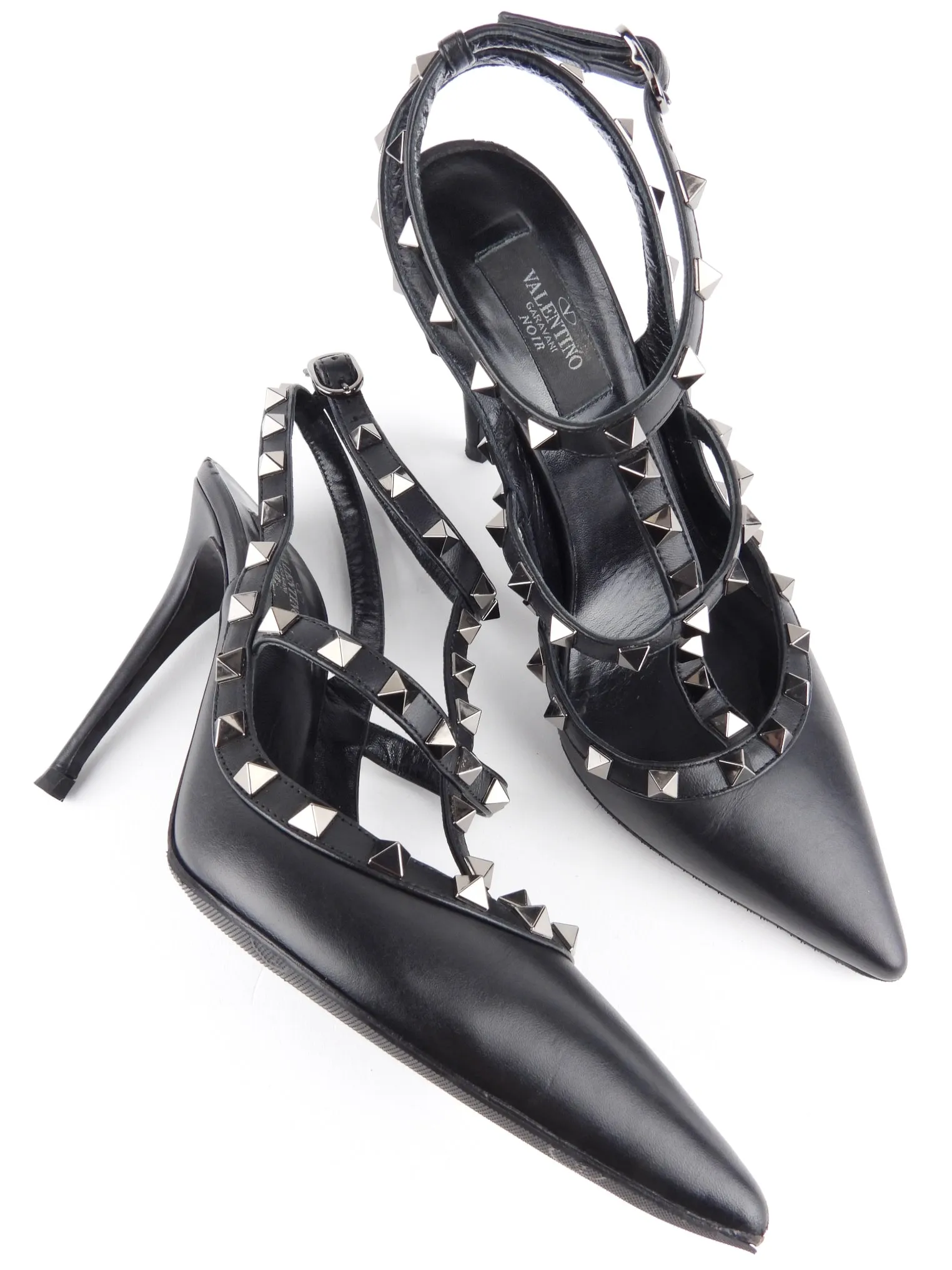 Valentino Garavani Noir Black Leather Rockstud Ankle Strap Stiletto Sandals - 39