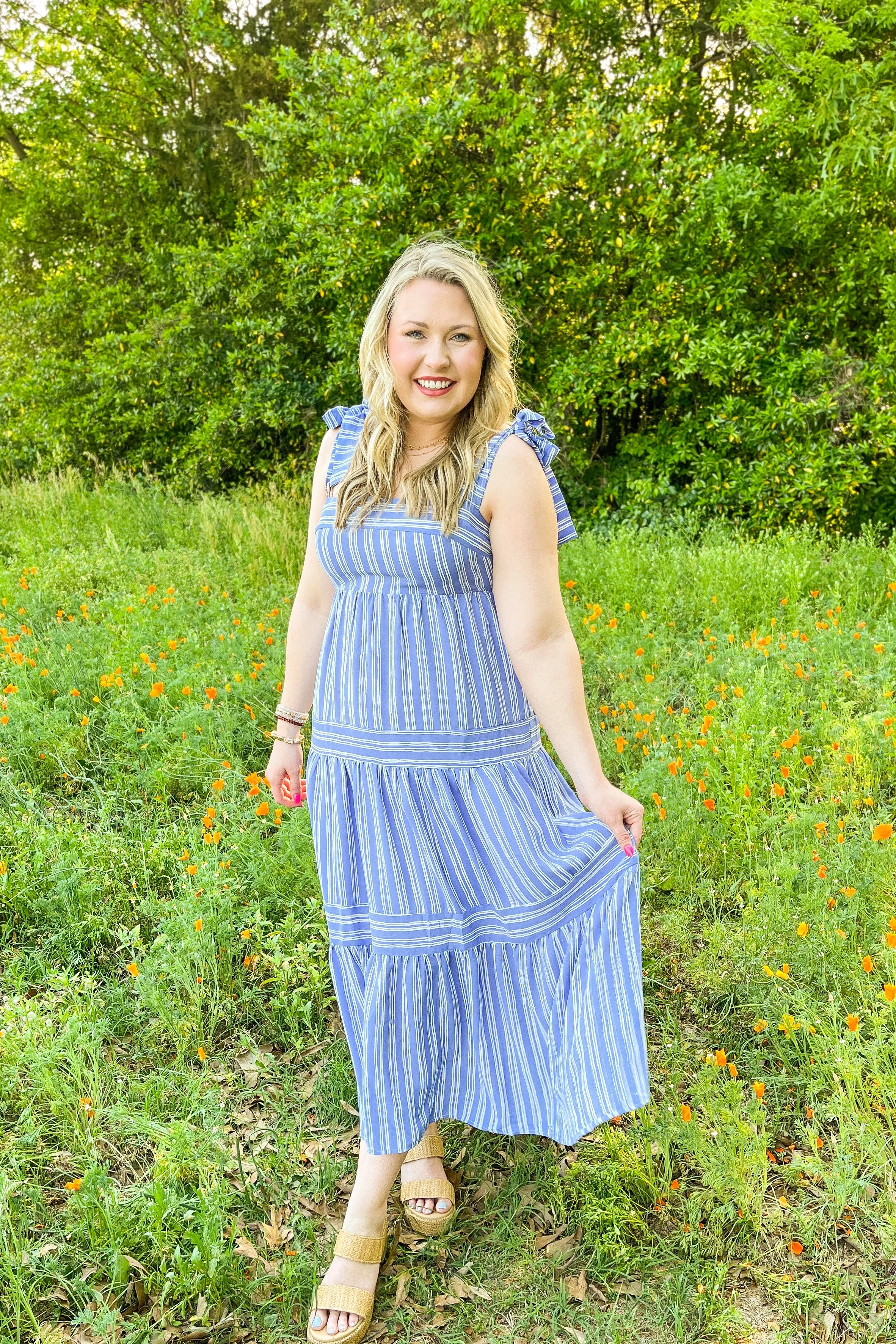 Walking By You Striped Midi Dress, Blue/White