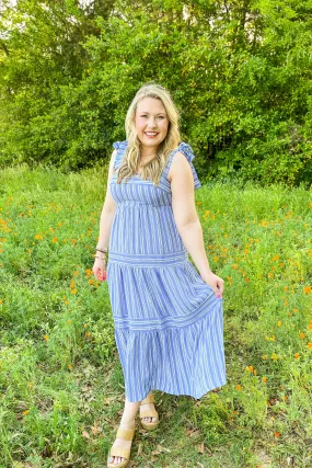 Walking By You Striped Midi Dress, Blue/White