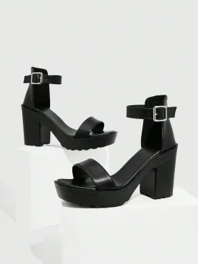 Woman Shoes Elegant Ankle Strap Buckle Decor Black Chunky Heeled Sandals For Spring And Summer